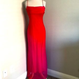 Caché red and pink ombré spaghetti strap long gown, size 2